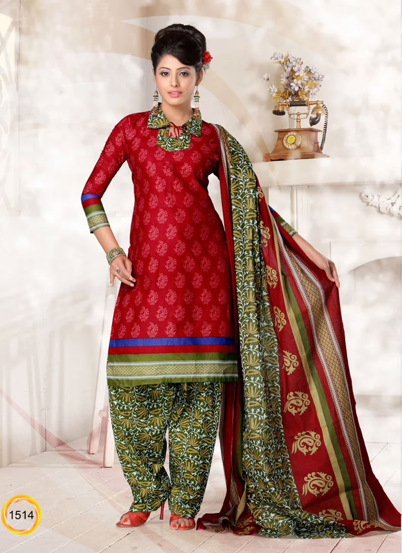 V&V Cotton Red Printed Dress Material
