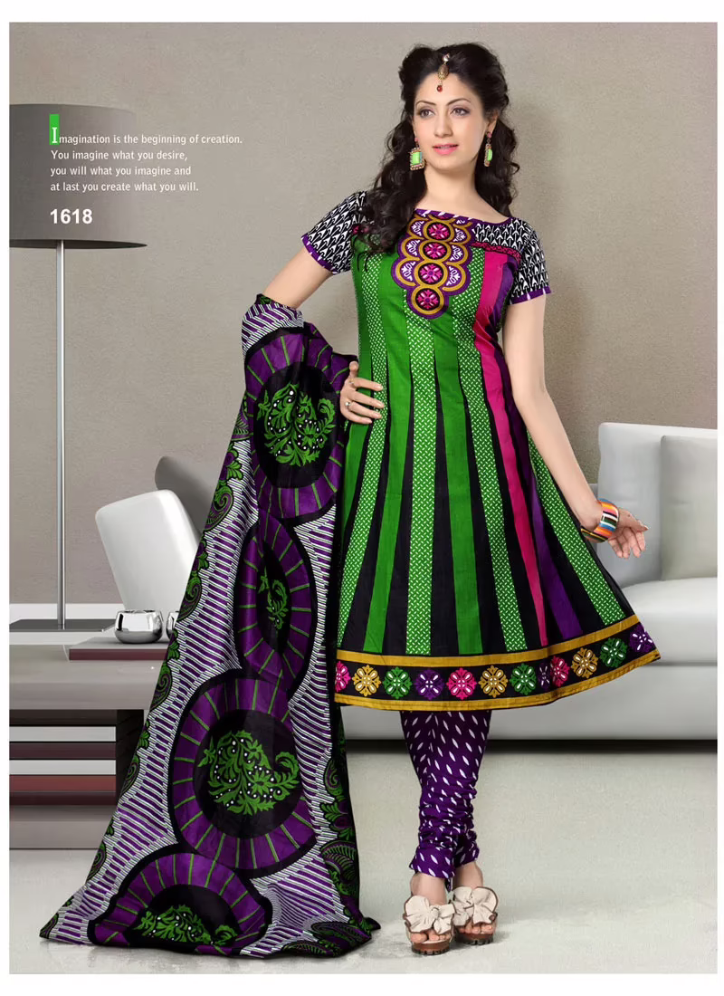 V&V Stylish Green Cotton Printed Dress Material
