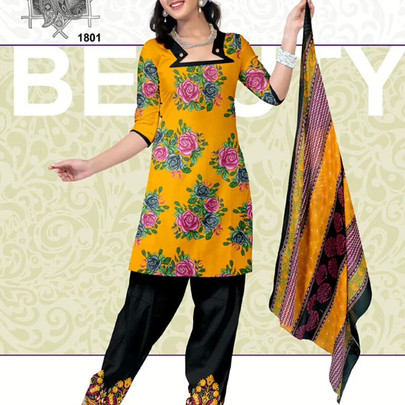 V&V New Style Yellow Cotton Printed Dress Material