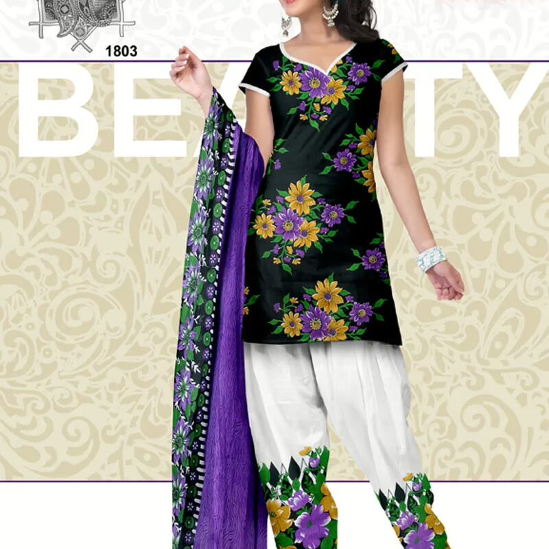 V&V Black Floral Printed Cotton Attractive Dress Material