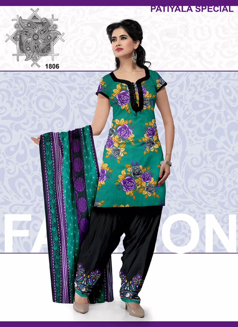 V&V Summer Cool Cotton Printed Rama Green Churidar Dress