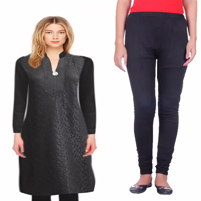 Exclusive Black Floral Net Woolen Kurti Free Warm Legging