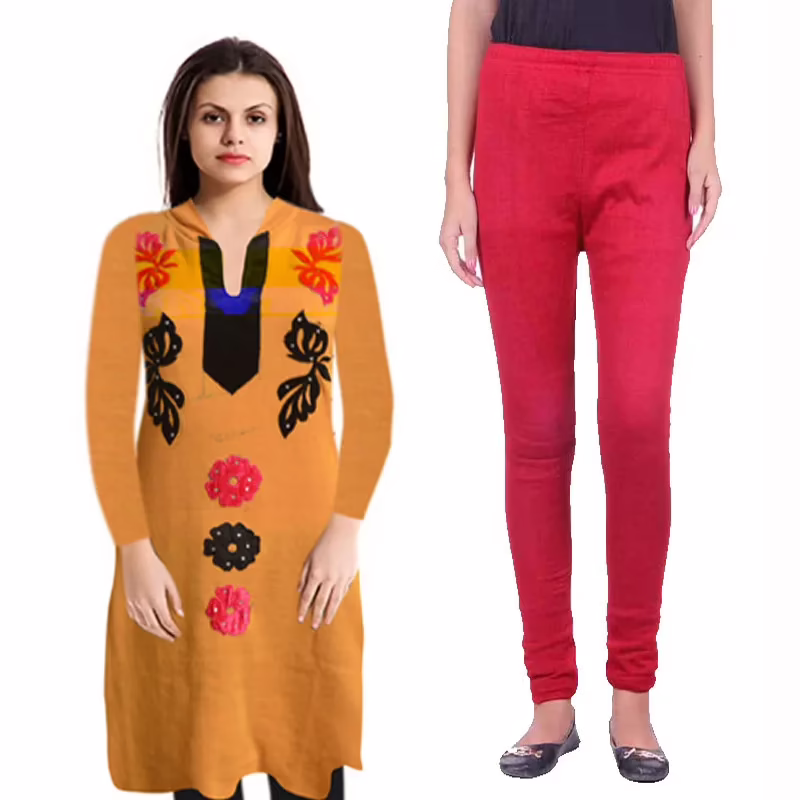 Stylish Orange Floral Embroidered Woolen Kurti With Free Warm Legging