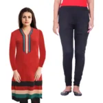 Red Neck Stripes Nehru Collar Woolen Kurti With Free Warm Legging