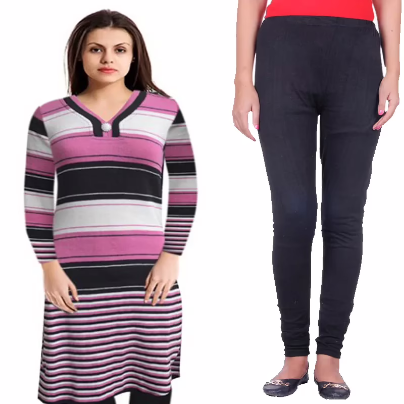 Scintillating Purple Broad Multi Stripes Woolen Kurti With Warm Legging