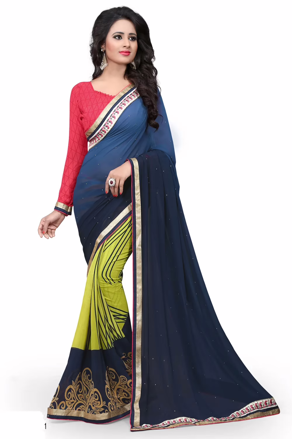 Blue & Green Printed Occation Wear Saree With Matching Blouse Piec