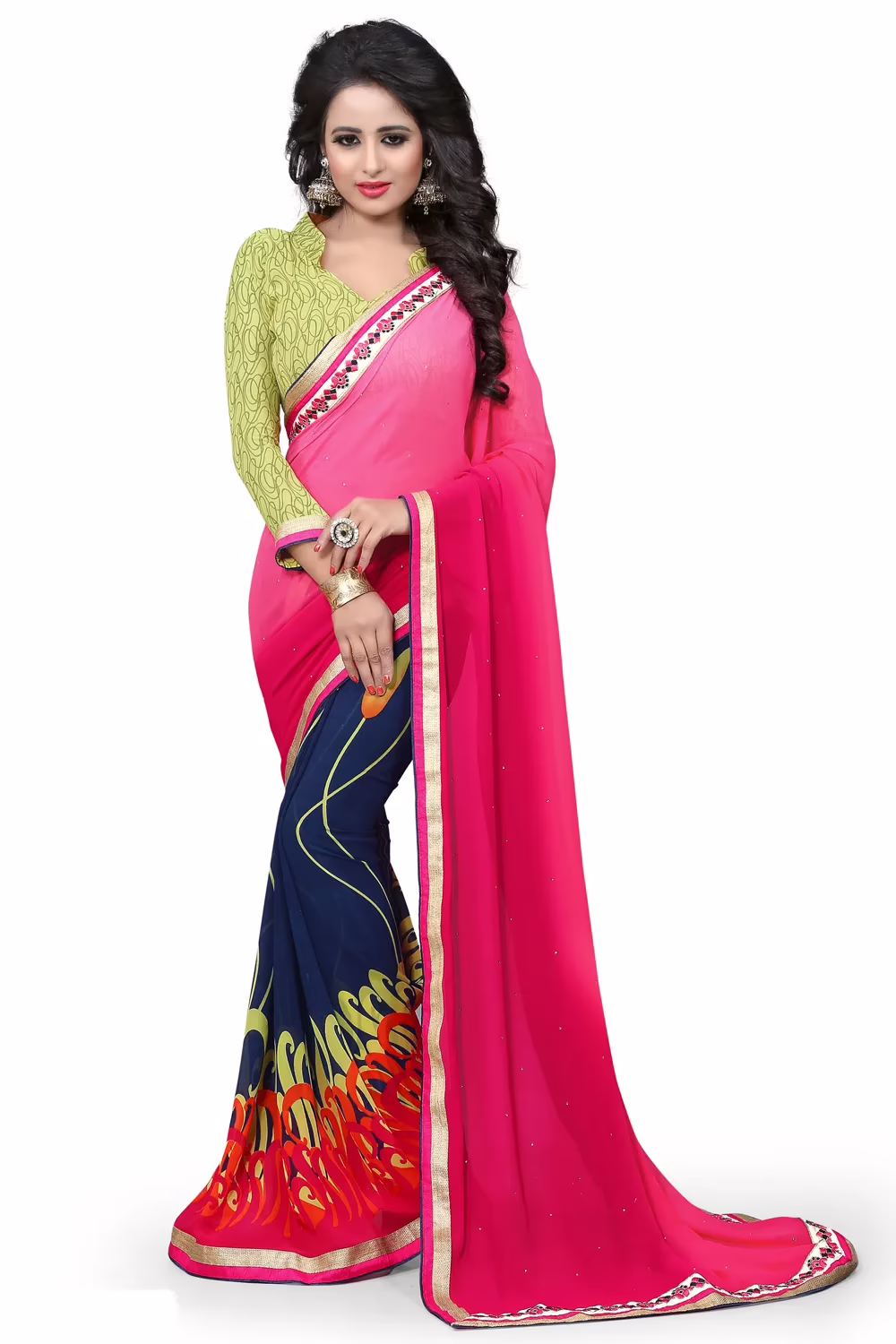 Peach & Blue Printed Occation Wear Saree With Matching Blouse Piece