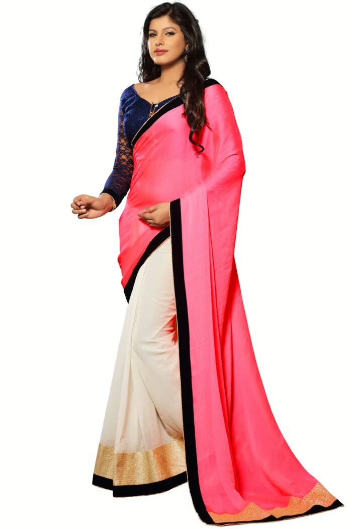 Akriti Pink & Cream Traditional Saree With Matching Blouse Piece