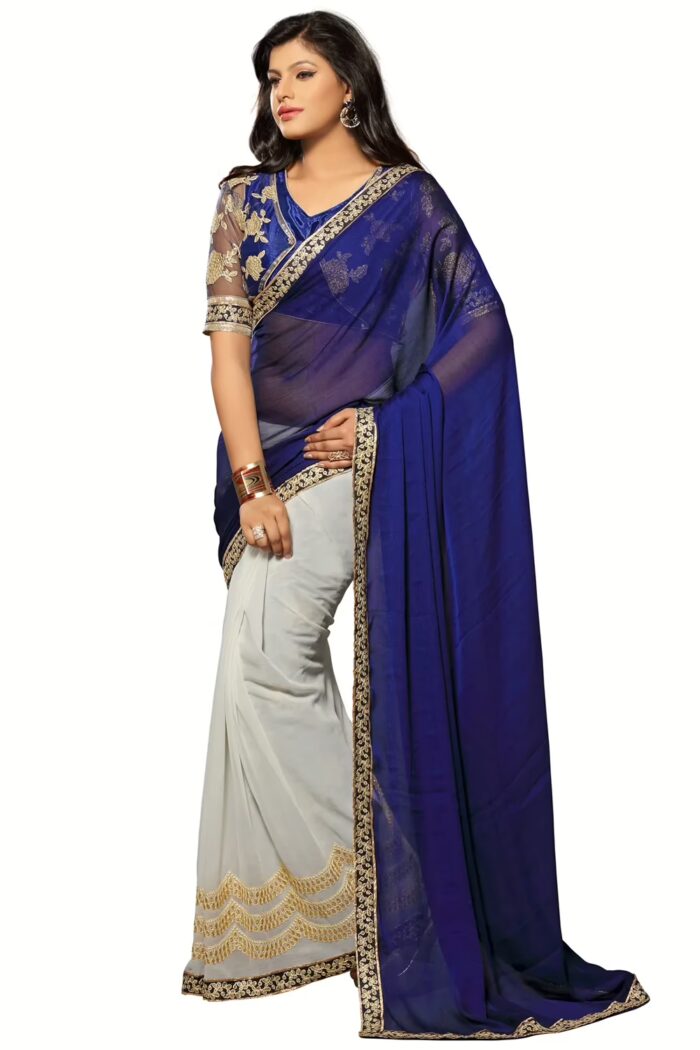 Akriti Blue & White Traditional Saree With Matching Blouse Piece