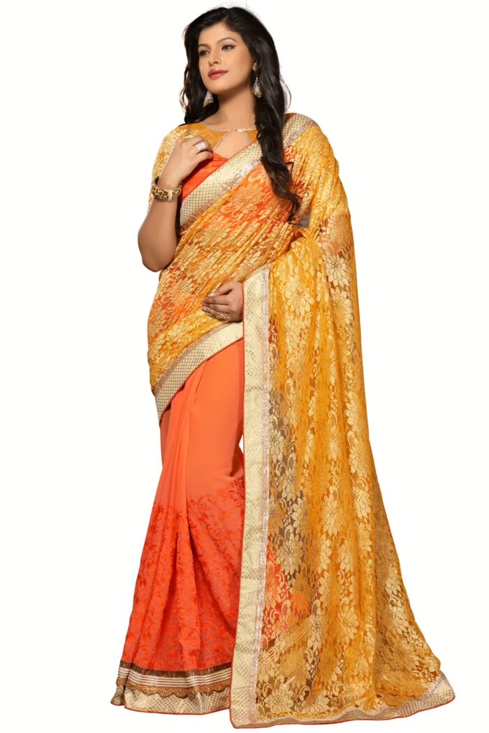 Akriti Orange & Yellow Traditional Saree With Matching Blouse Piece