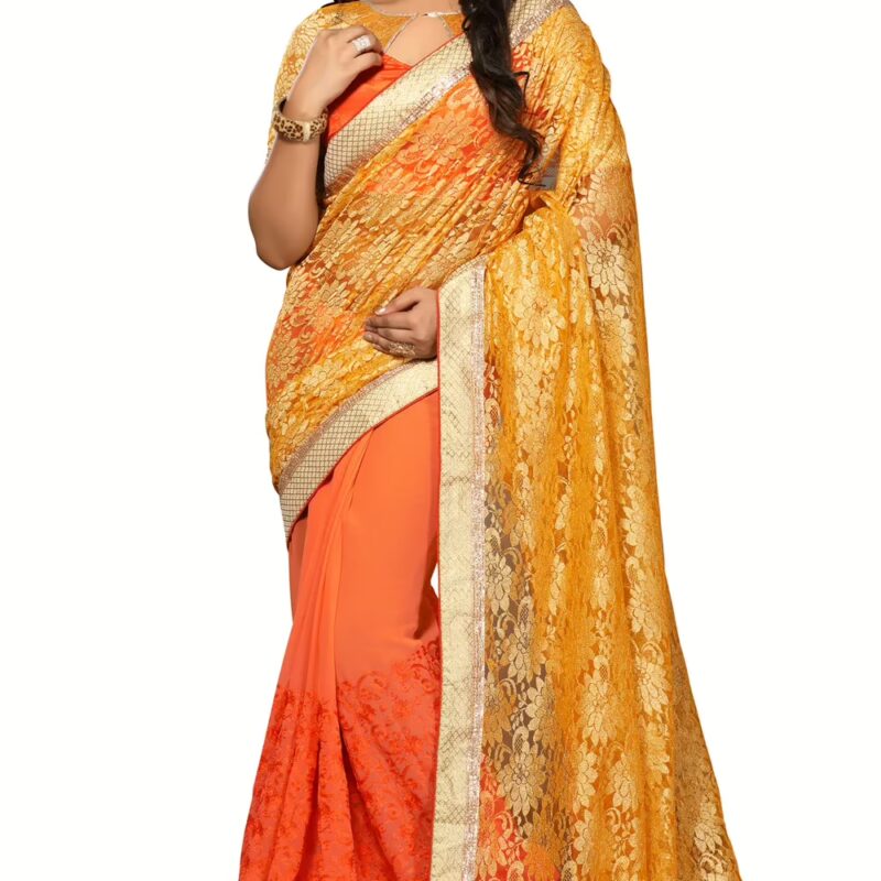 Akriti Orange & Yellow Traditional Saree With Matching Blouse Piece