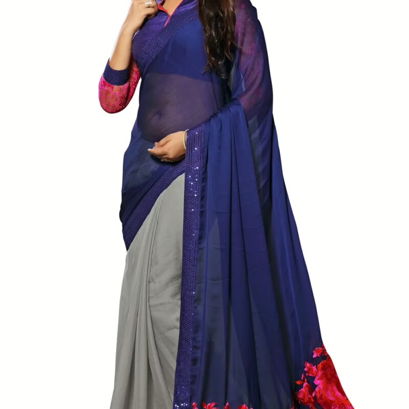 Akriti Royal Blue & Grey Traditional Saree With Matching Blouse Piece