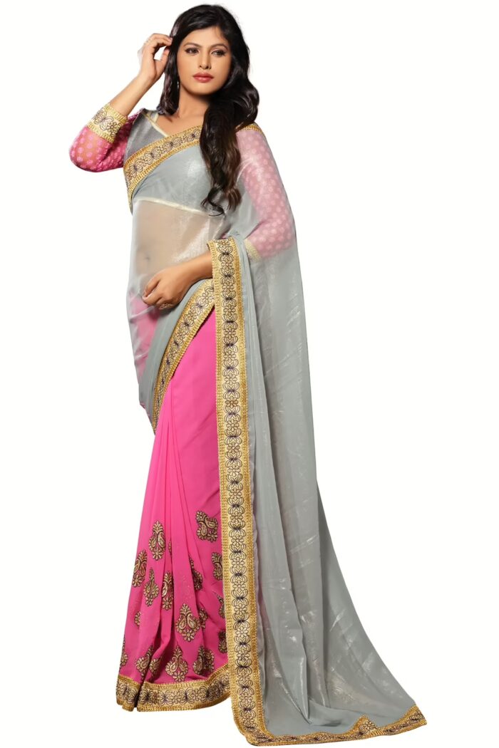 Akriti Grey & Pink Traditional Saree With Matching Blouse Piece