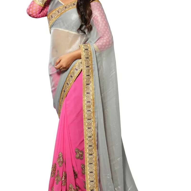 Akriti Grey & Pink Traditional Saree With Matching Blouse Piece