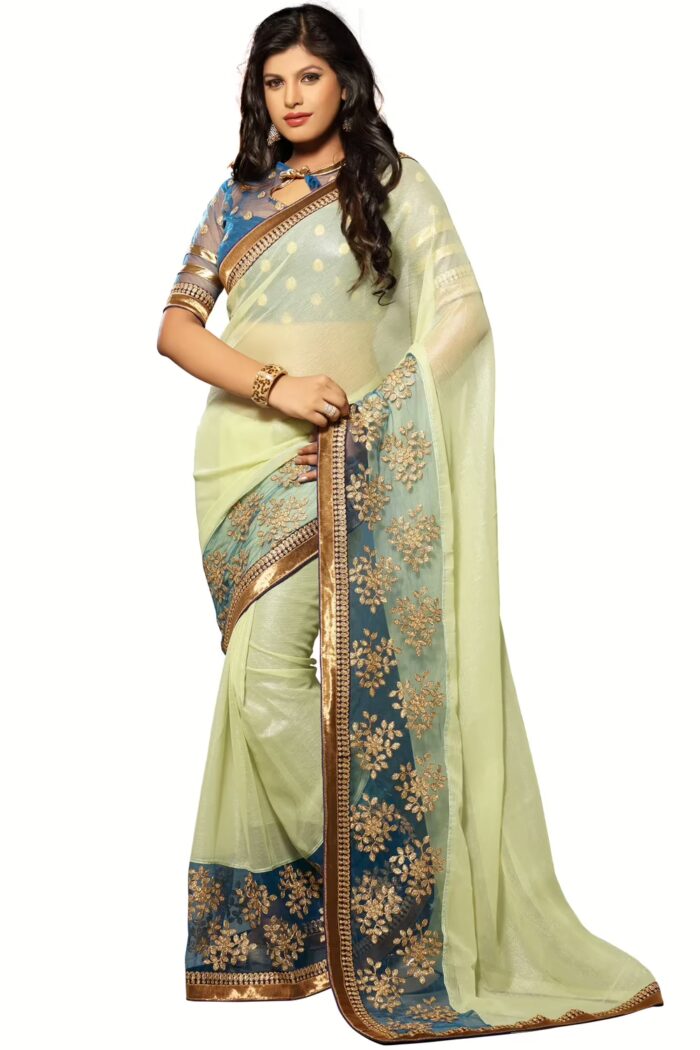 Akriti Cream & Blue Traditional Saree With Matching Blouse Piece