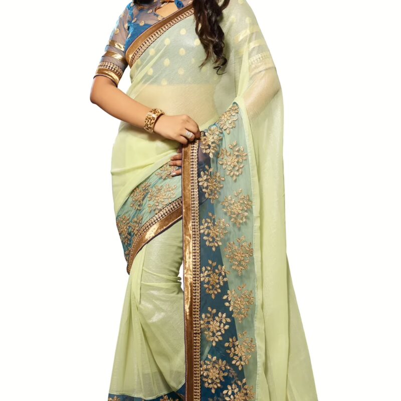 Akriti Cream & Blue Traditional Saree With Matching Blouse Piece