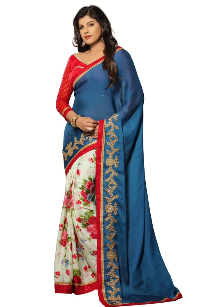 Akriti Blue & White Traditional Saree With Matching Blouse Piece