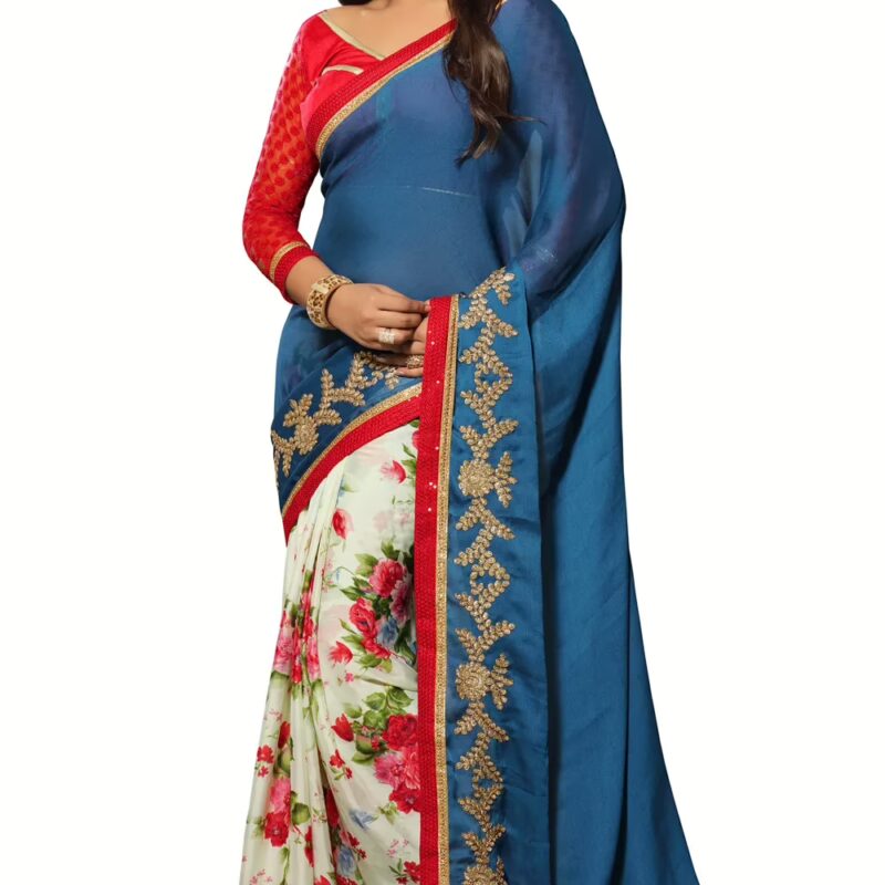 Akriti Blue & White Traditional Saree With Matching Blouse Piece