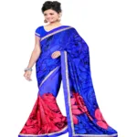 Blue & Peach Colour Chiffon Floral Printed Occation Wear Traditional Saree With Matching Blouse Piece