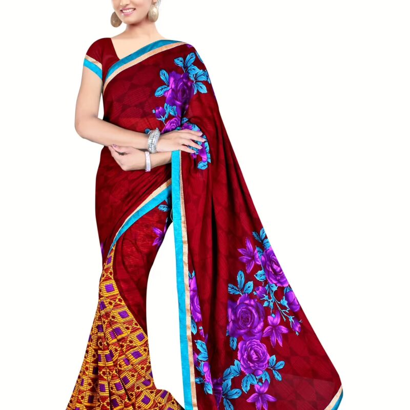 Akruti Maroon Printed Traditional Designer Saree With Matching Blouse Piece