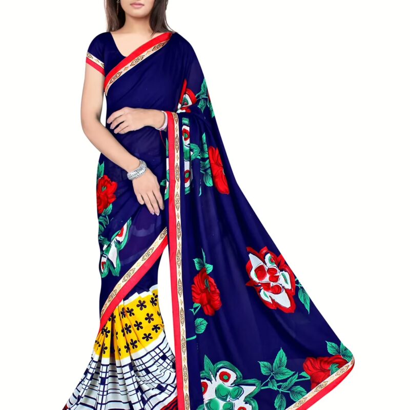 Akruti Navy Blue Printed Traditional Designer Saree With Matching Blouse Piece