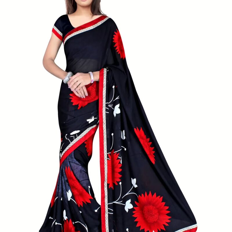Akruti Black Printed Traditional Designer Saree With Matching Blouse Piece