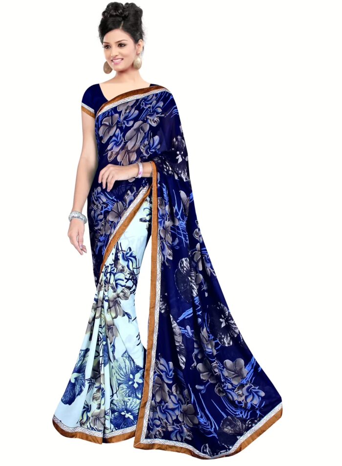 Akruti Blue Printed Traditional Designer Saree With Matching Blouse Piece