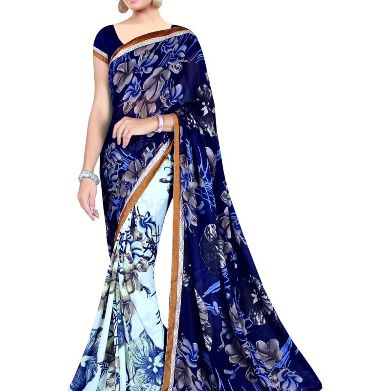 Akruti Blue Printed Traditional Designer Saree With Matching Blouse Piece