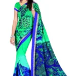Alka Green & Blue Floral Printed Traditional Saree With Matching Blouse Piece