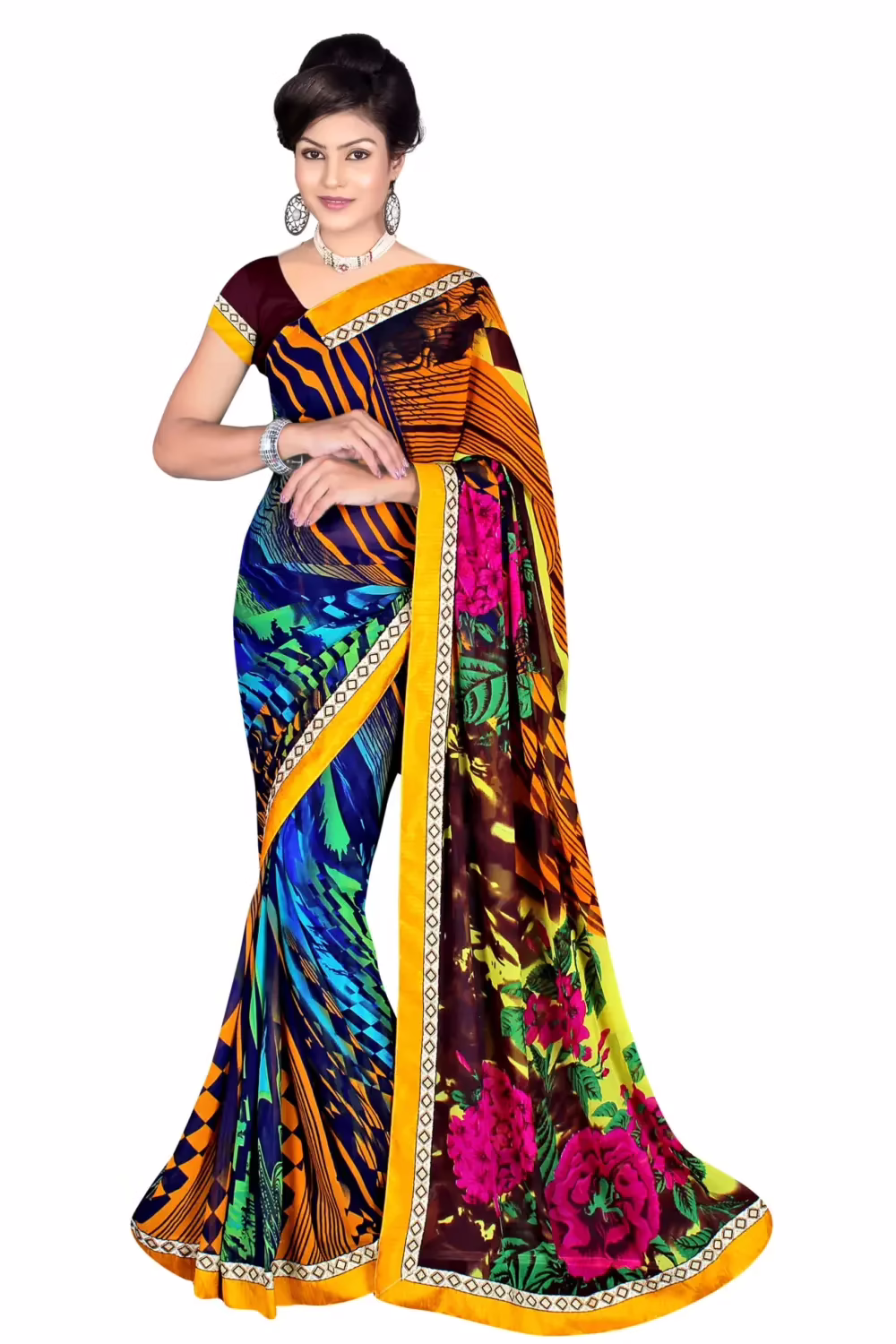Alka Multi Floral Printed Traditional Saree With Matching Blouse Piece