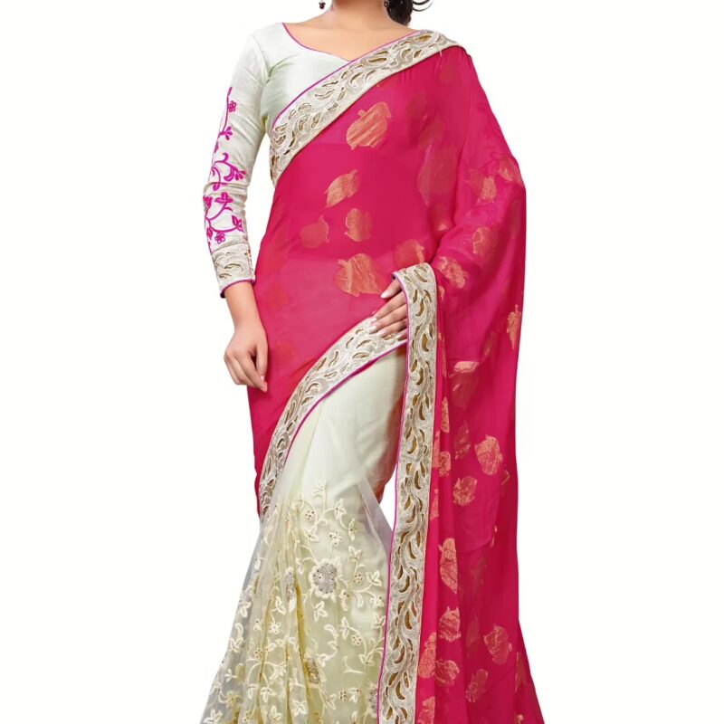 Akriti White & Pink Traditional Saree With Matching Blouse Piece