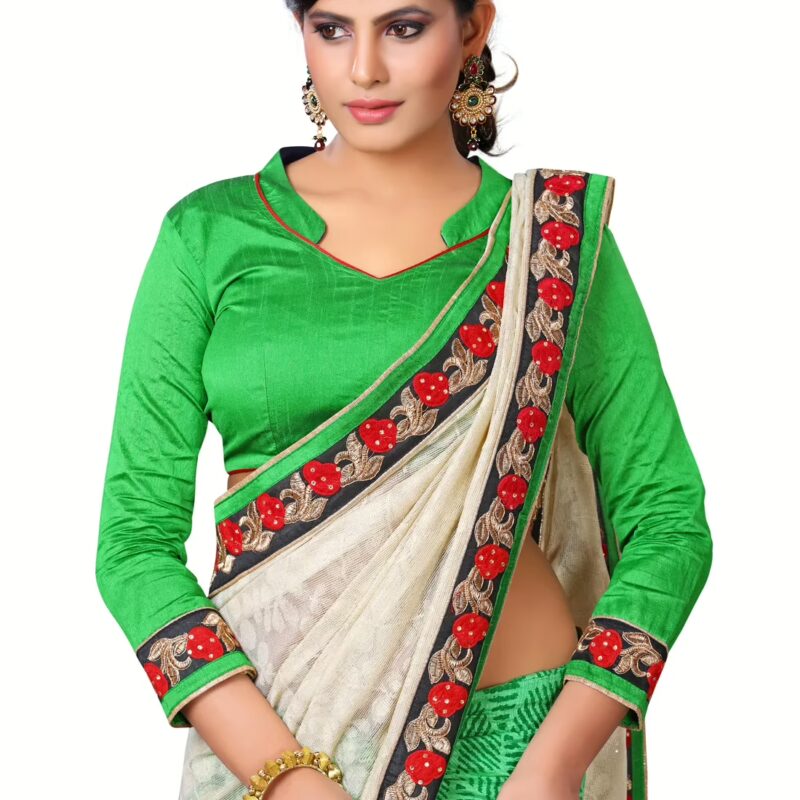 Akriti White & Green Traditional Saree With Matching Blouse Piece