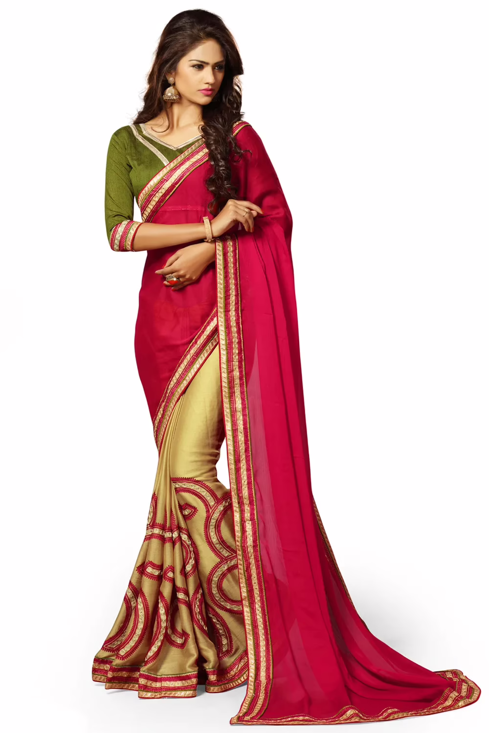 Alisha Red Embroidered Traditional Designer Party Wear Saree With Matching Blouse Piece