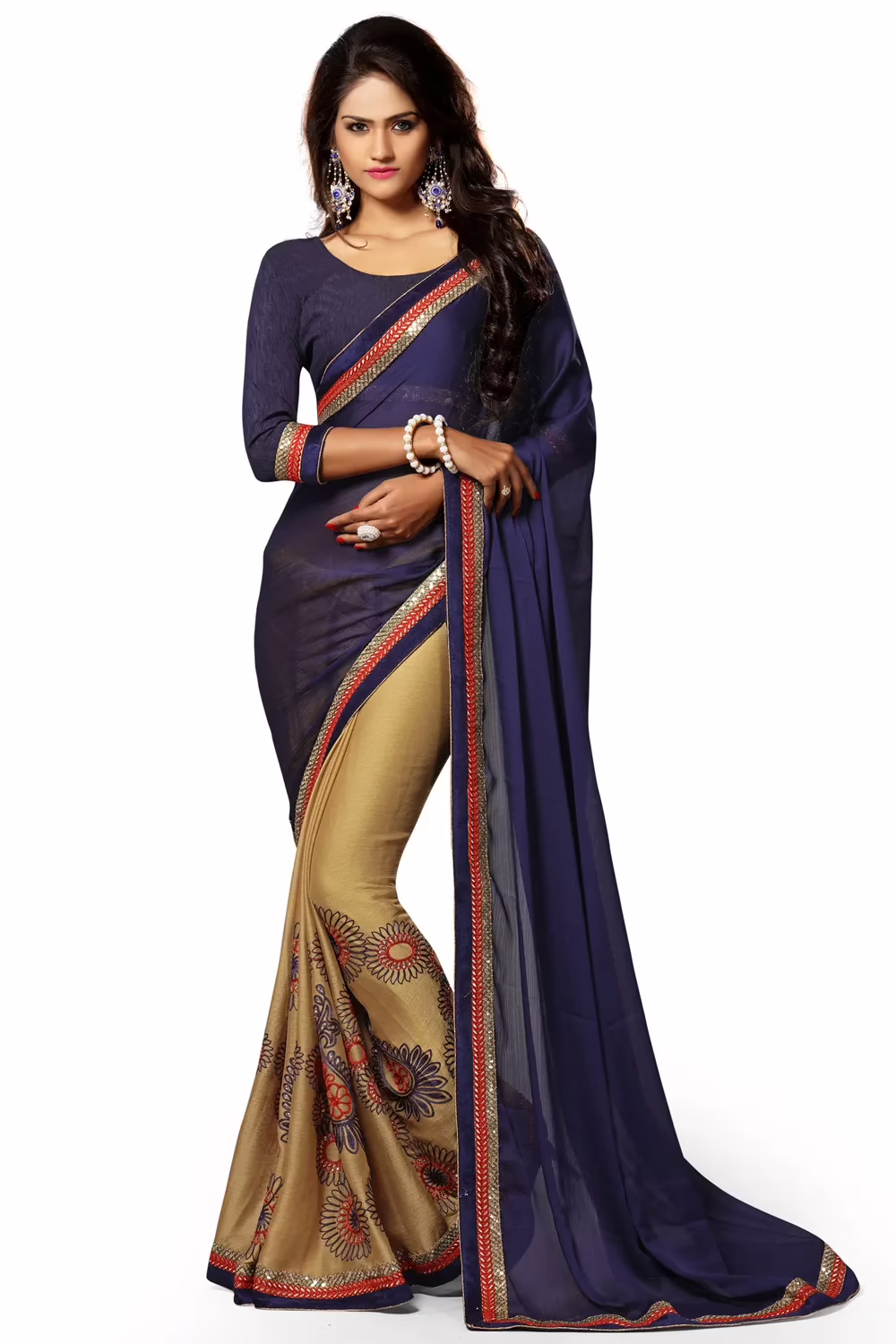 Alisha Blue Embroidered Traditional Designer Party Wear Saree With Matching Blouse Piece