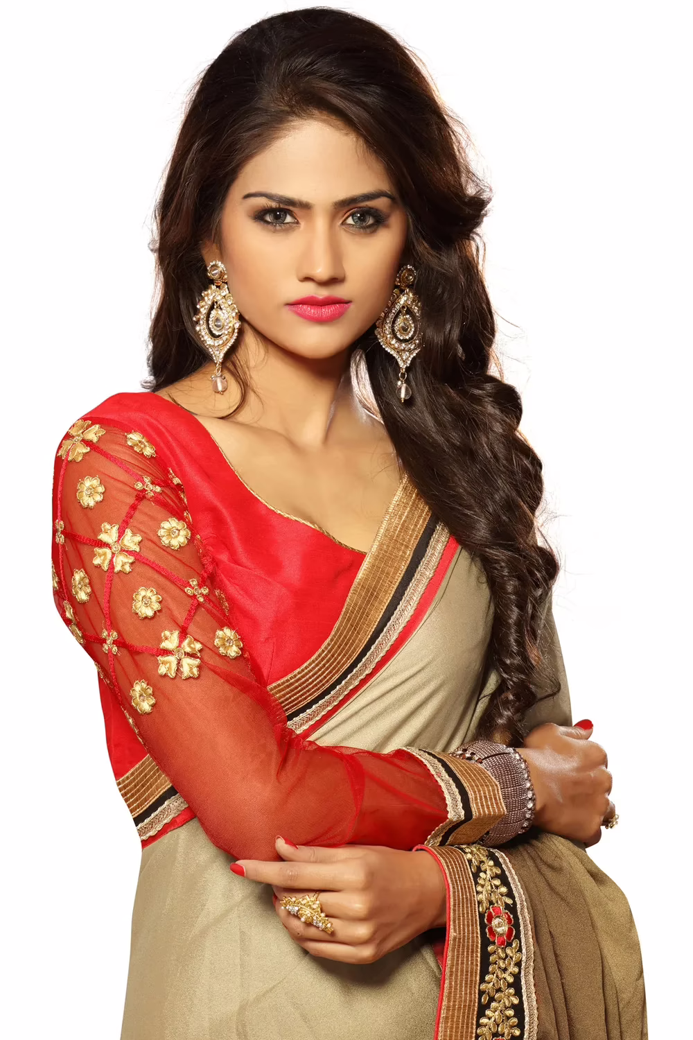 Alisha Brown Embroidered Traditional Designer Party Wear Saree With Matching Blouse Piece