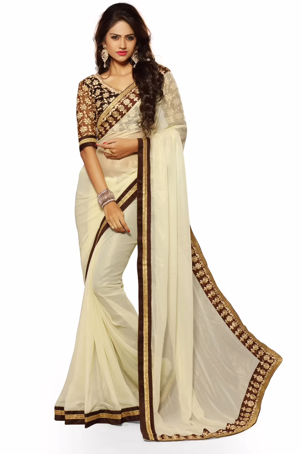 Alisha Cream Embroidered Traditional Designer Party Wear Saree With Matching Blouse Piece - Image 2