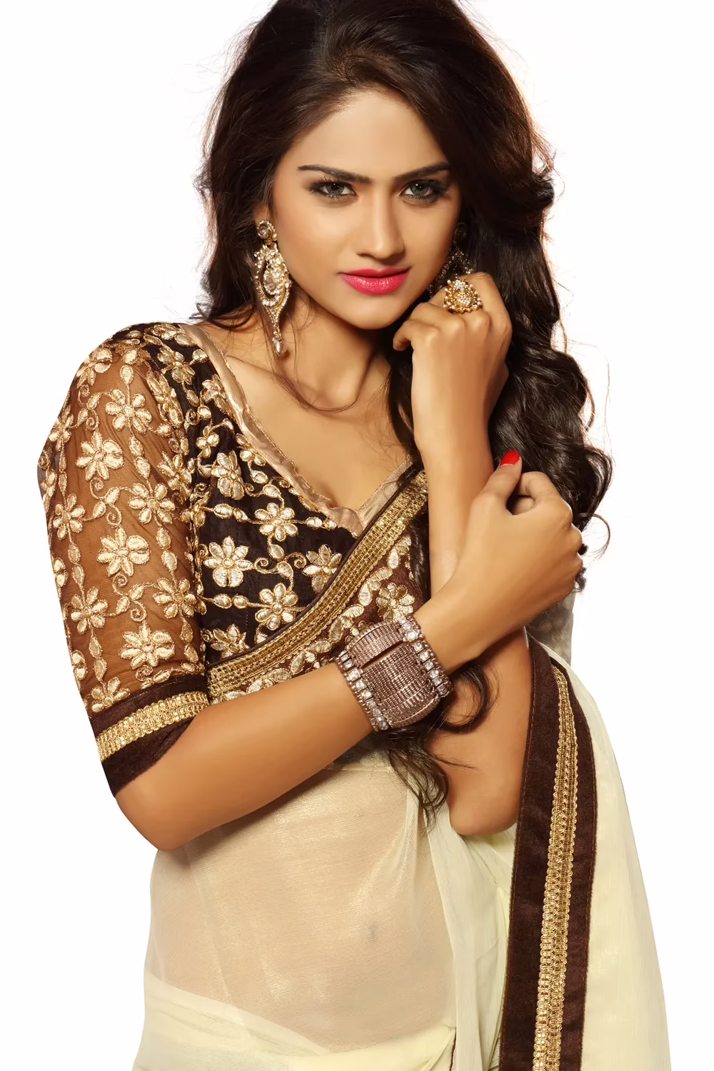 Alisha Cream Embroidered Traditional Designer Party Wear Saree With Matching Blouse Piece