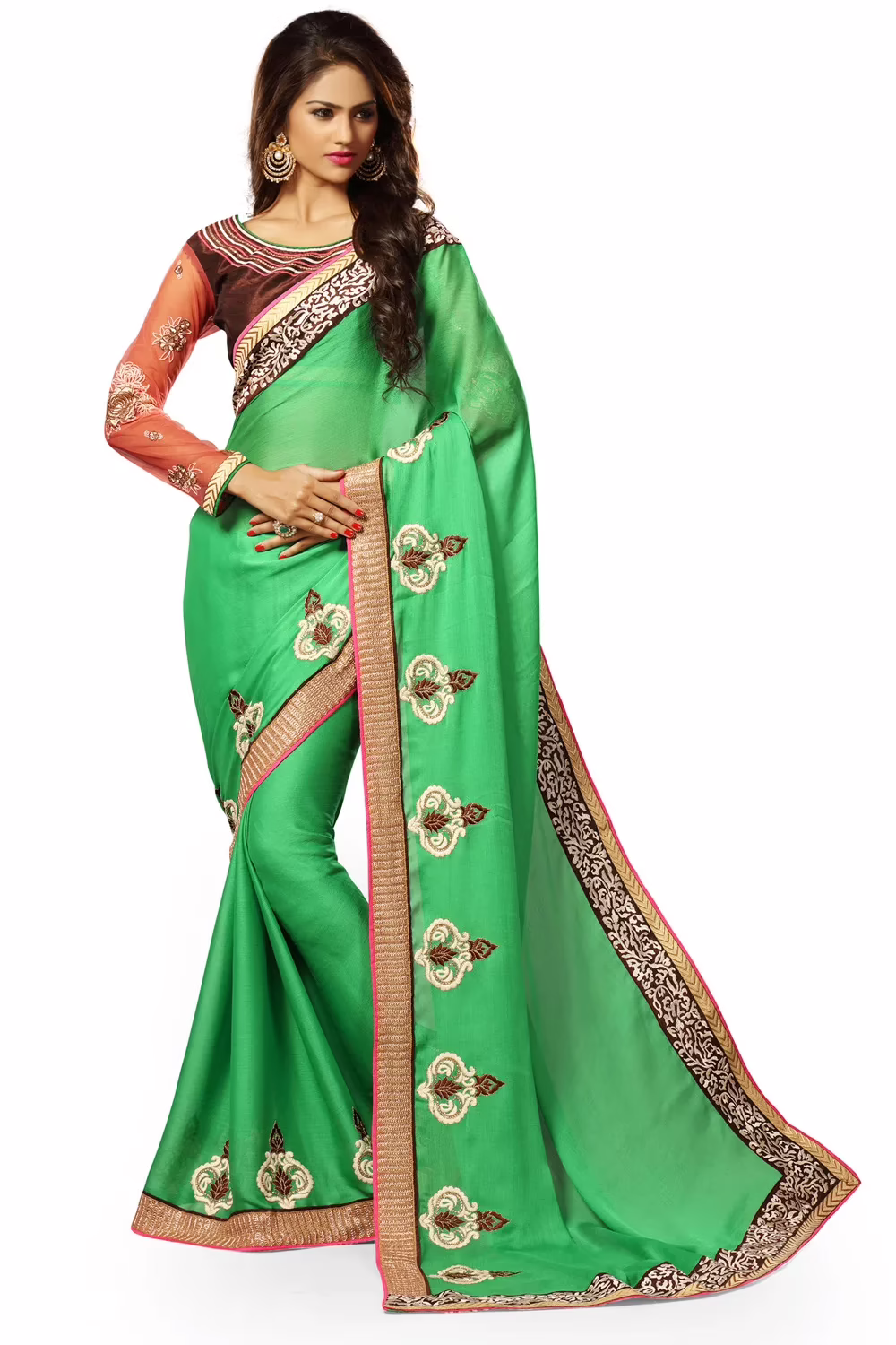 Alisha Green Embroidered Traditional Designer Party Wear Saree With Matching Blouse Piece - Image 2