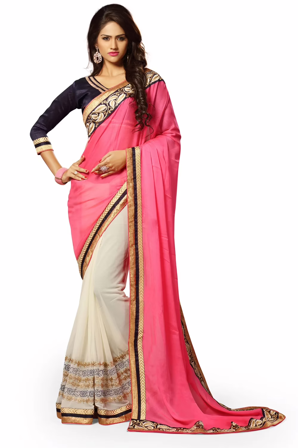 Alisha Peach Embroidered Traditional Designer Party Wear Saree With Matching Blouse Piece - Image 2