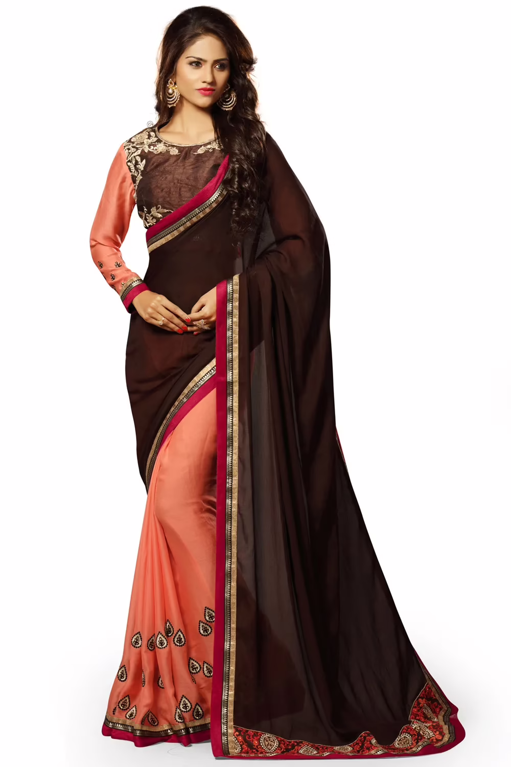 Alisha Brown Embroidered Traditional Designer Party Wear Saree With Matching Blouse Piece - Image 2