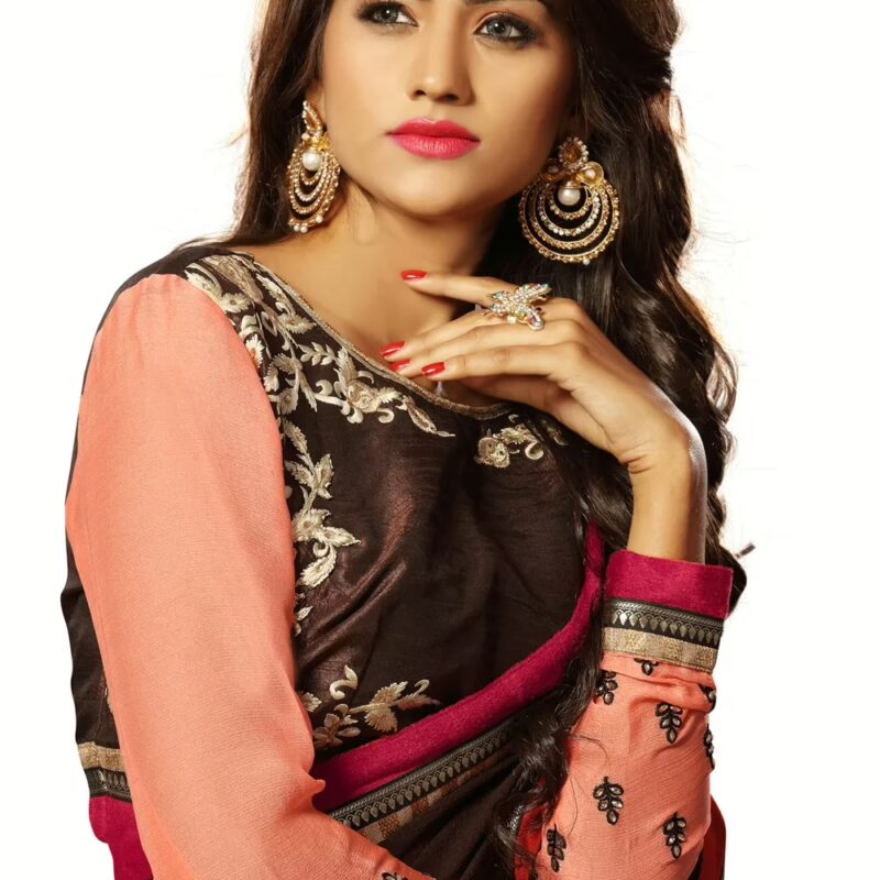 Alisha Brown Embroidered Traditional Designer Party Wear Saree With Matching Blouse Piece