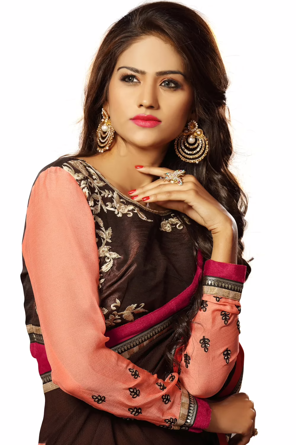 Alisha Brown Embroidered Traditional Designer Party Wear Saree With Matching Blouse Piece