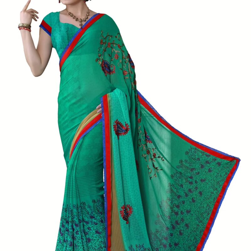 Alpana Sea Green Georgette Traditional Saree With Matching Blouse Piece