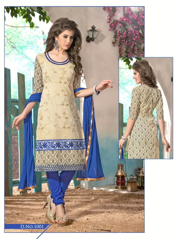 V&V Buy Cotton Blue Cream Dress Material