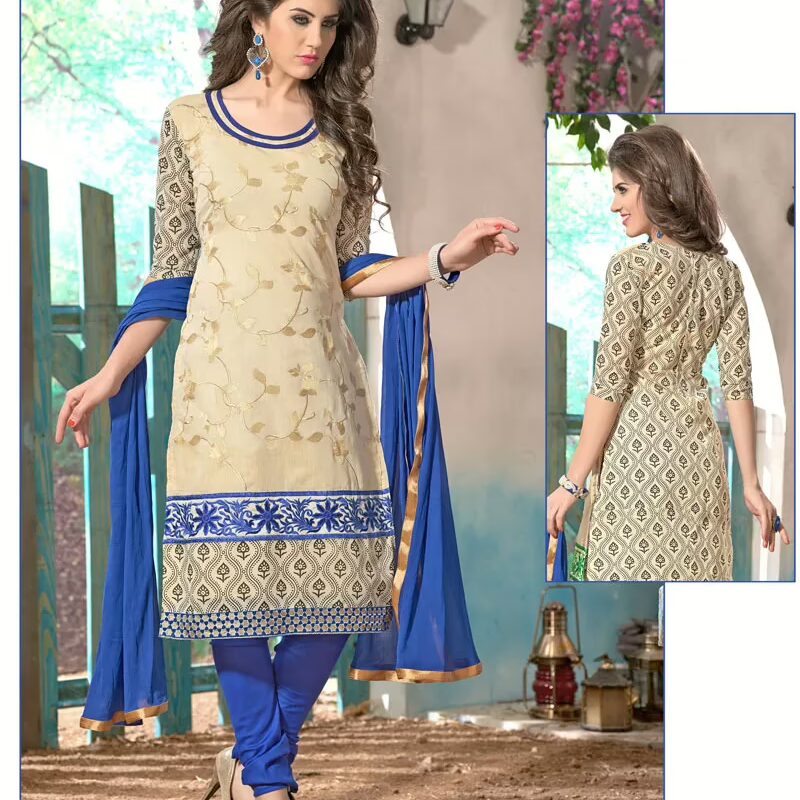 V&V Buy Cotton Blue Cream Dress Material