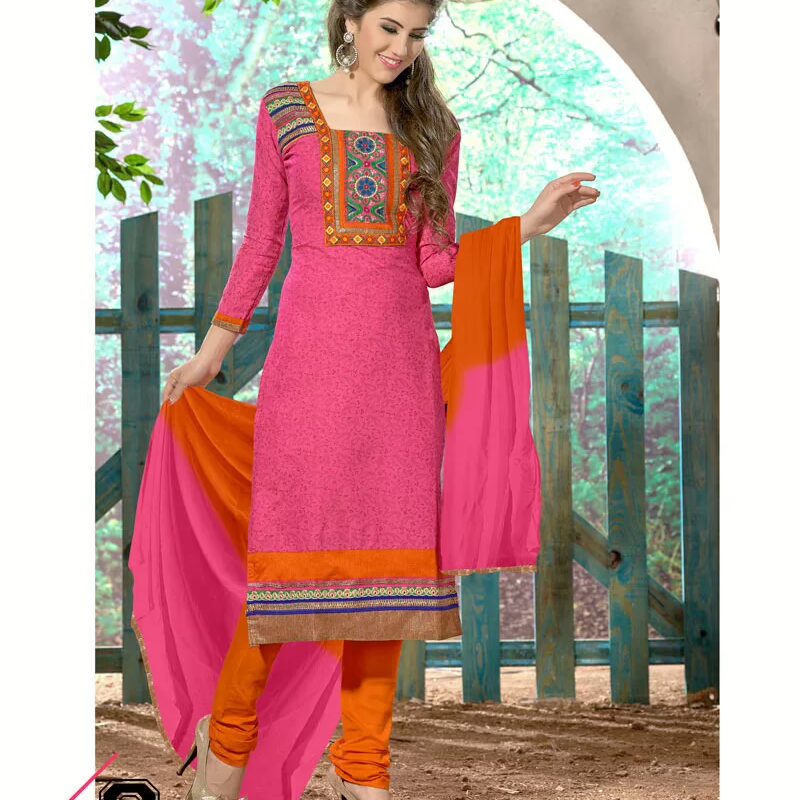V&V Buy Pink Orange Cotton Dress Material