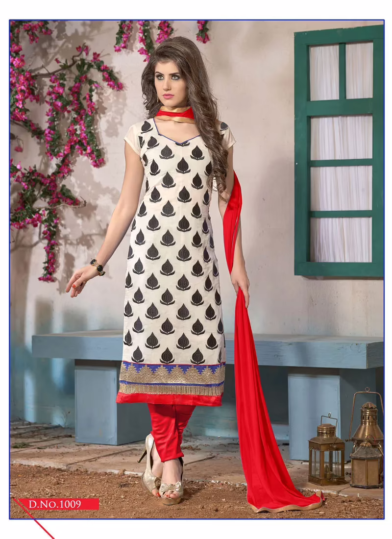 V&V Buy Off White Black Red Cotton Dress Material