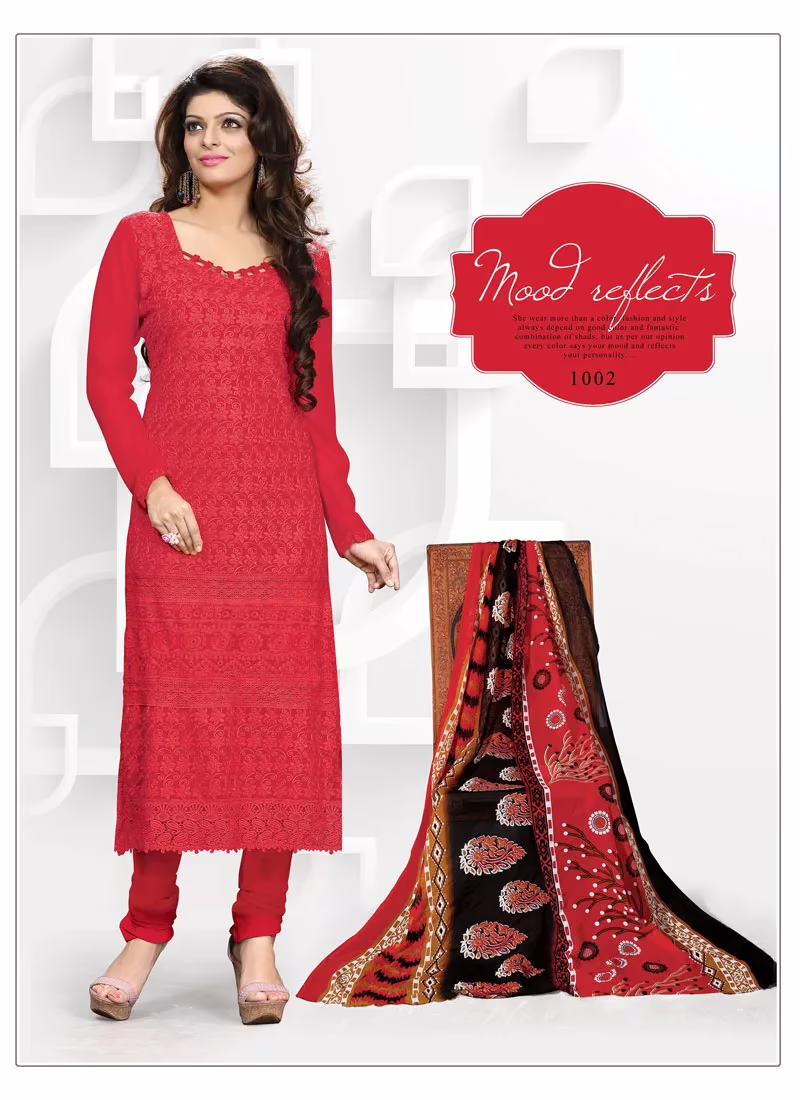 V&V Designer Red Schiffli Work Dress Material