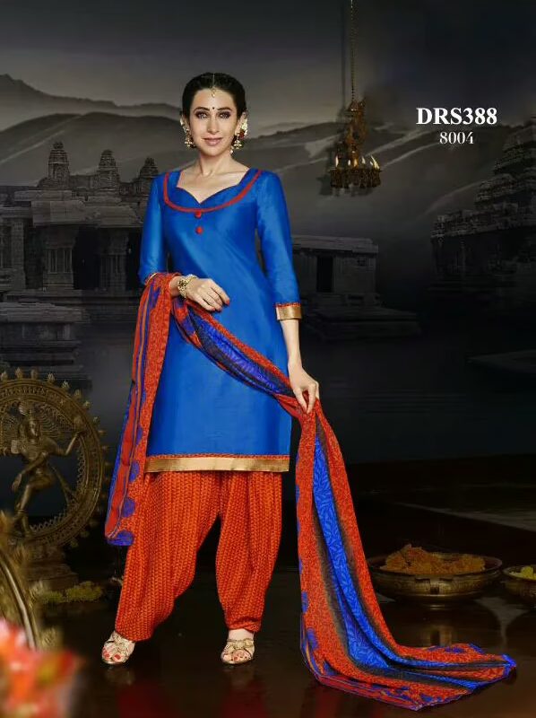 V&V Red Blue Karishma Kapoor Patiala Cotton Dress Material