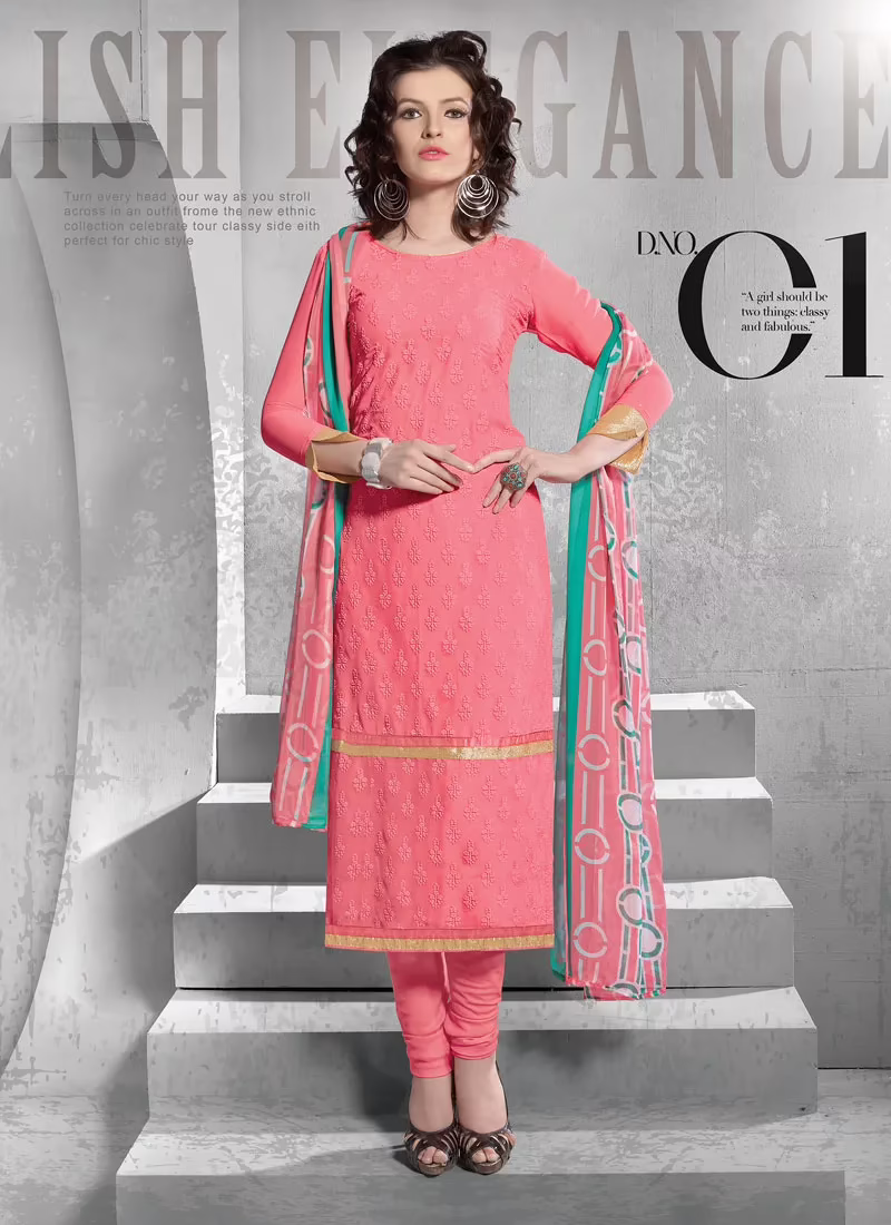V&V Buy Schiffl Work Peach Dress Material
